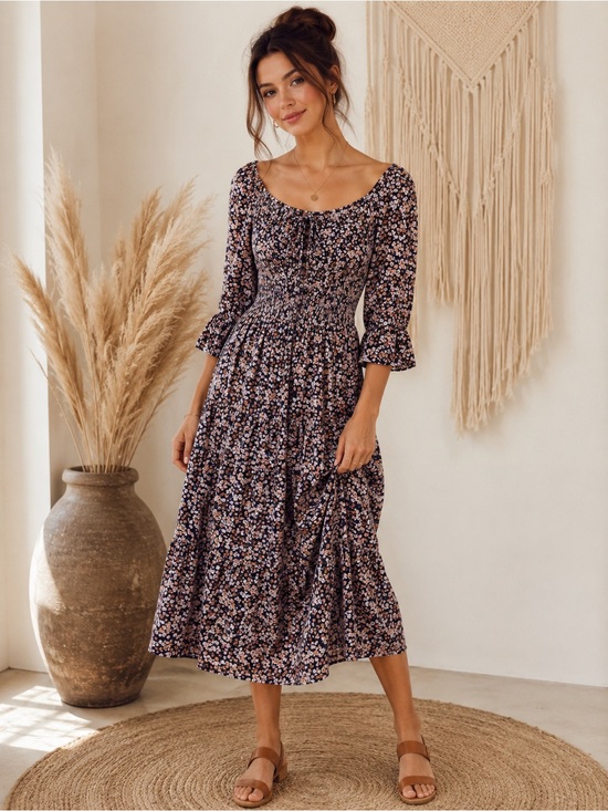 indigo Rose Dresses & Skirts - Indigo Rose Boho Chic Smocked Floral Midi Dress in Navy Blue